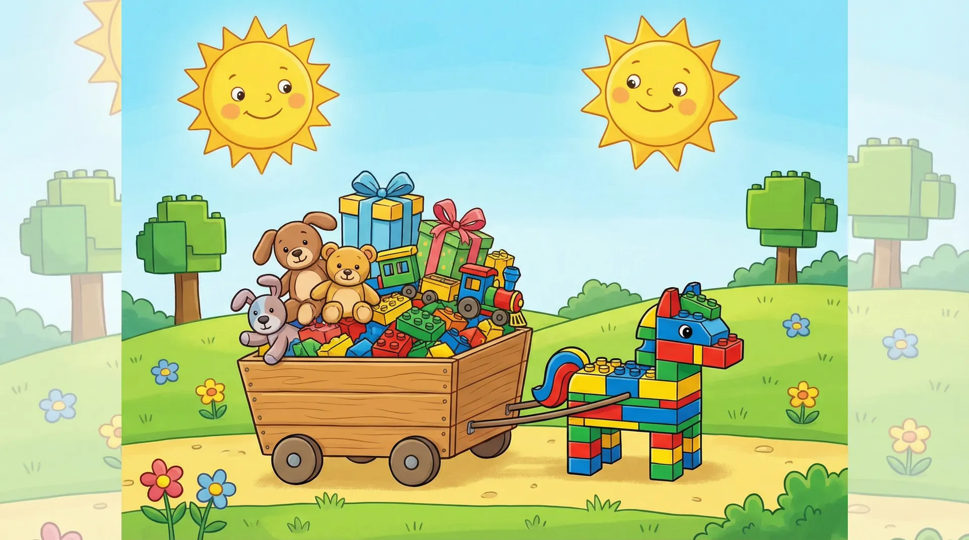 小马拉大车品牌形象图，展示了多彩的积木世界 - 小马拉大车